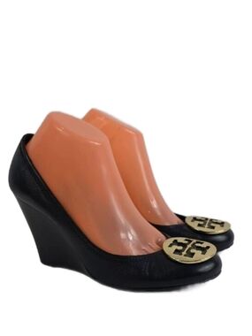 Tory Burch Sally Black Leather Gold Logo Women's Wedges